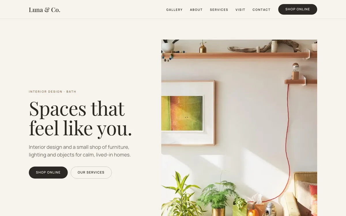 The Luna & Co. example site: a large serif headline, “Spaces that feel like you.”, next to a bright living room photo.