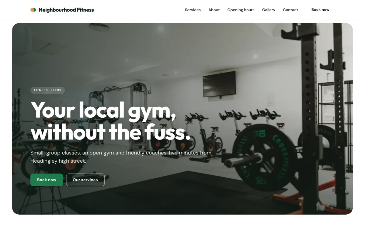 The Neighbourhood Fitness example site on a large screen
