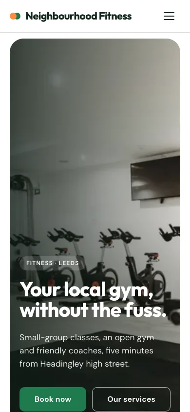 The Neighbourhood Fitness example site on a phone