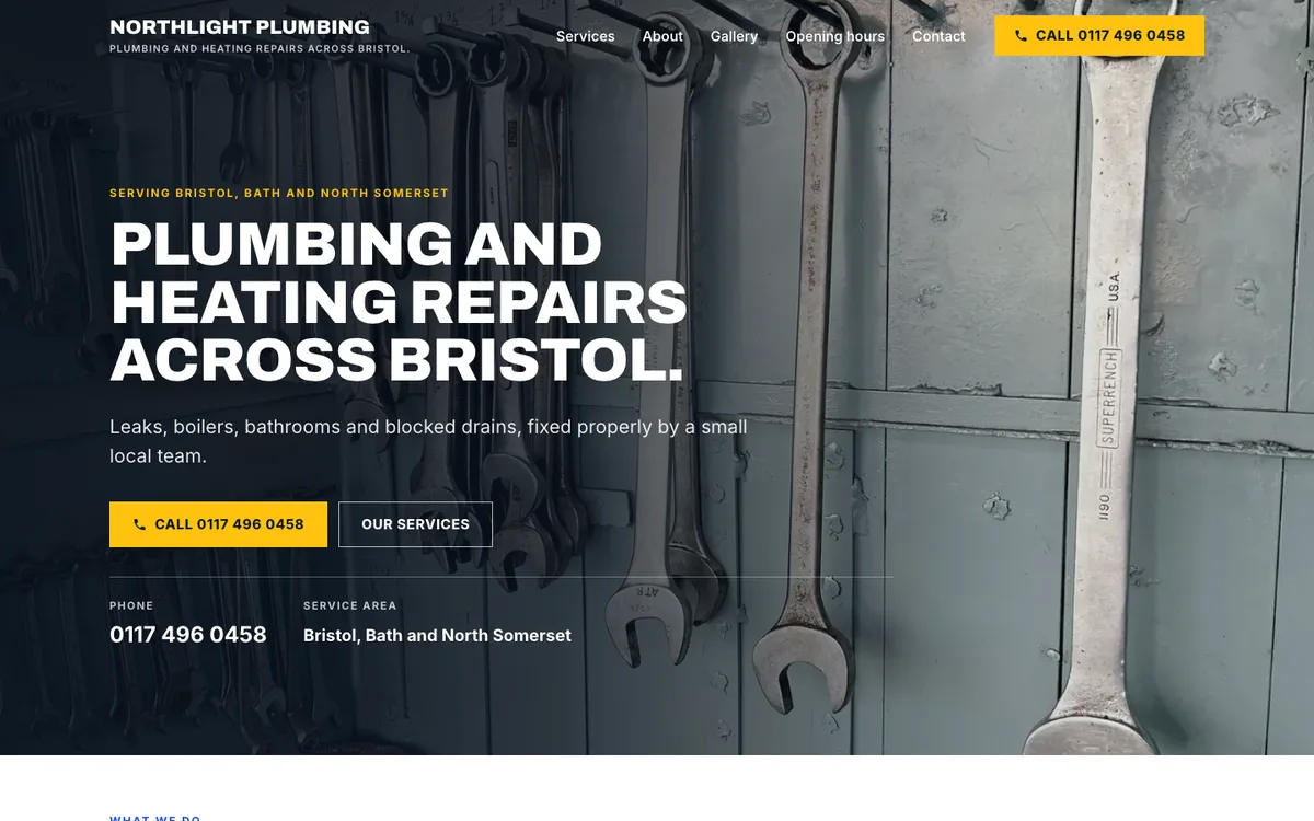 The Northlight Plumbing example site on a large screen