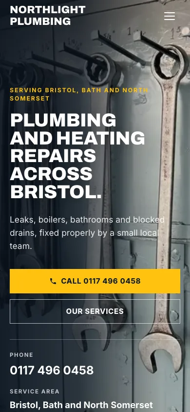 The Northlight Plumbing example site on a phone