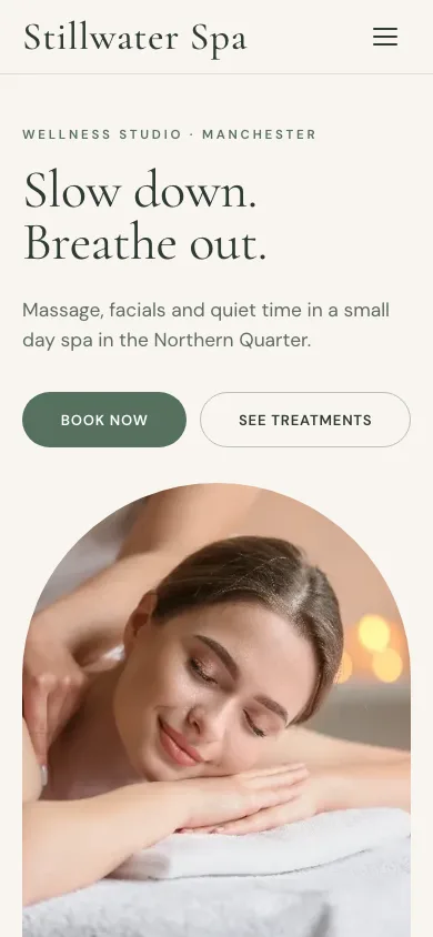 The Stillwater Spa example site on a phone