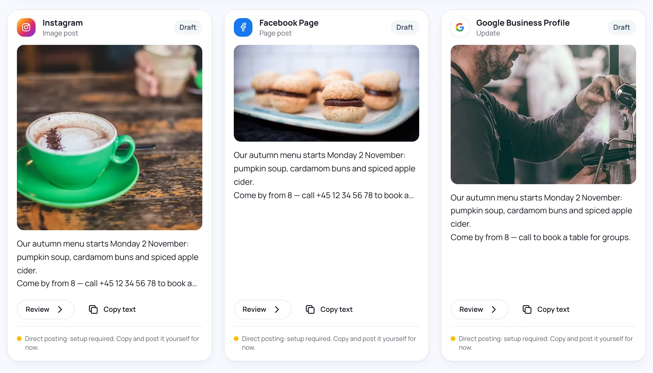 The HeyMadeWeb content studio showing drafts of one update for Instagram, a Facebook Page and a Google Business Profile, each marked Draft with copy-text buttons.